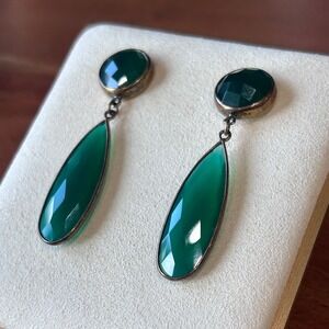 ATR 925 Sterling Silver Green Chalcedony Teardrop Dangle Drop Earrings 2"